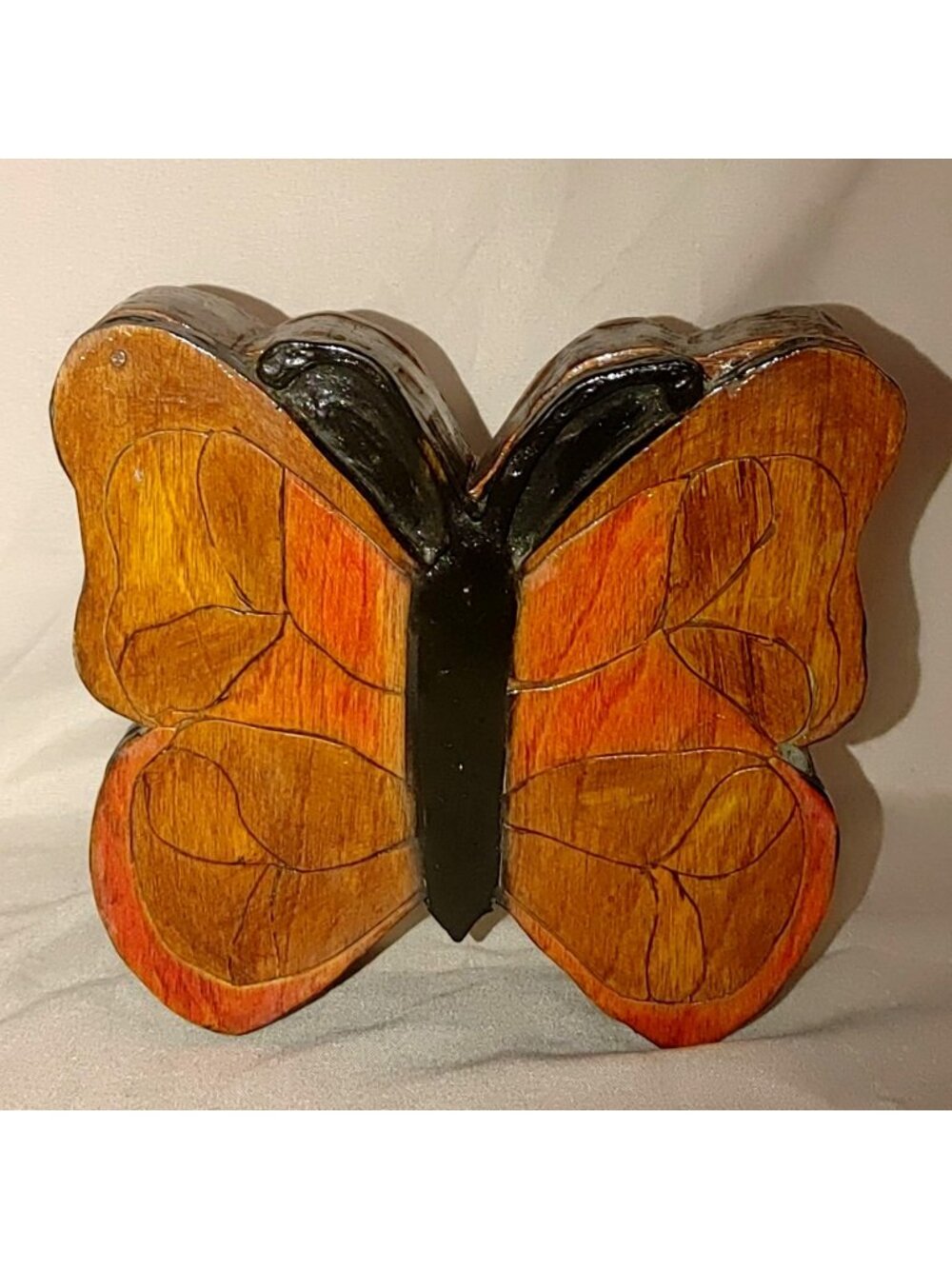 Butterfly Wooden Trinket Box Pivot Mount Lid Hand Carved Orange Brown Colors